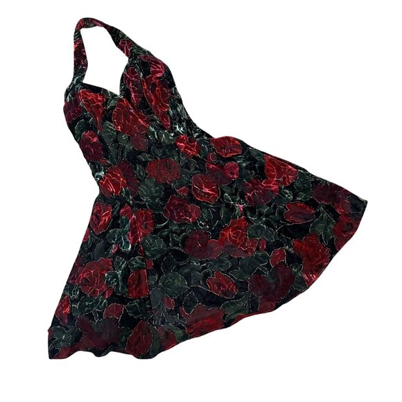 Vintage Velvet Floral Halter Dress Y2K Rampage USA Size 5 Black Red Formal Party - Picture 1 of 8